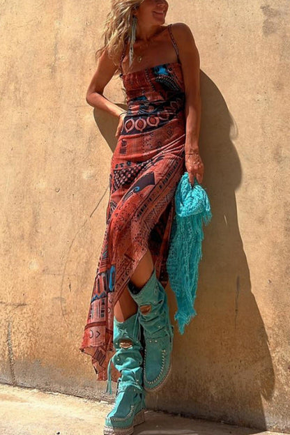 Vestido sexy de tul con tirantes finos, estampado sin mangas y elástico