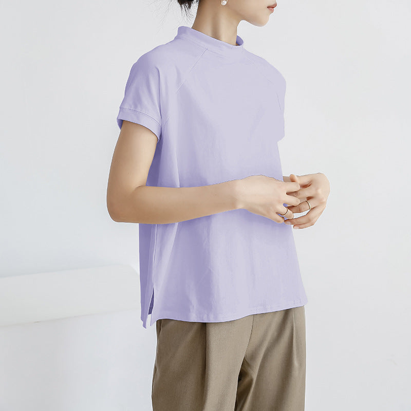 Camiseta de algodón de verano de color liso de manga corta para mujer, jersey francés con abertura lateral.