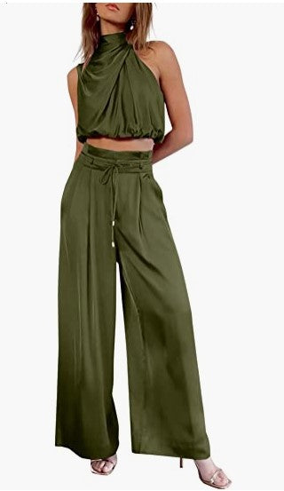 Conjunto de dos piezas informal sin mangas con cuello para mujer, pantalones de pierna ancha, top corto de verano