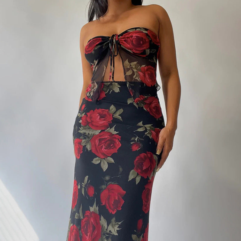 Conjunto de top de tubo con estampado de malla y falda de longitud media para mujer, ropa de verano ajustada para mujer