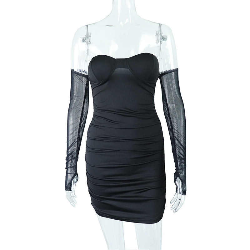 Vestido clásico de oficina de primavera y verano con escote en V, espalda descubierta, costuras de malla, mangas largas y cintura media