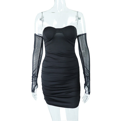 Vestido clásico de oficina de primavera y verano con escote en V, espalda descubierta, costuras de malla, mangas largas y cintura media