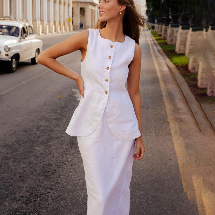 Chaleco blanco sin mangas con cuello cuadrado y falda de cintura alta, traje de alta costura para mujer