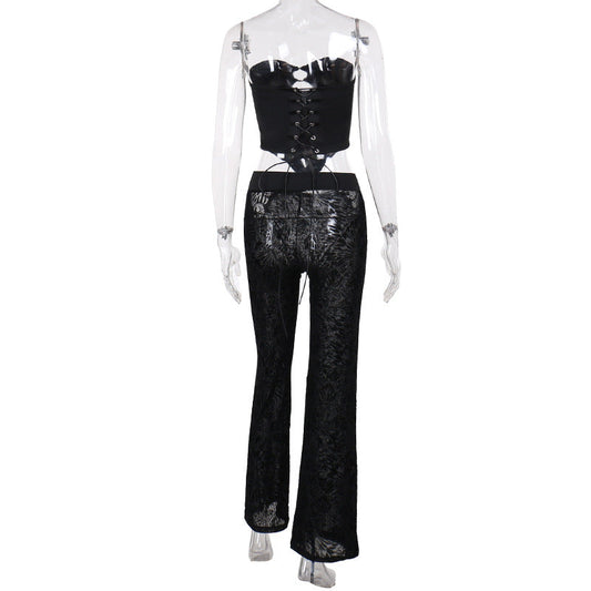 Traje de dos piezas de primavera con top de tubo y cintura con cordones y pantalones