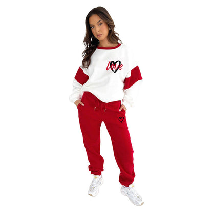 Conjunto de suéteres y pantalones casuales para mujer, con estampado multicolor de corazón de melocotón, para otoño e invierno