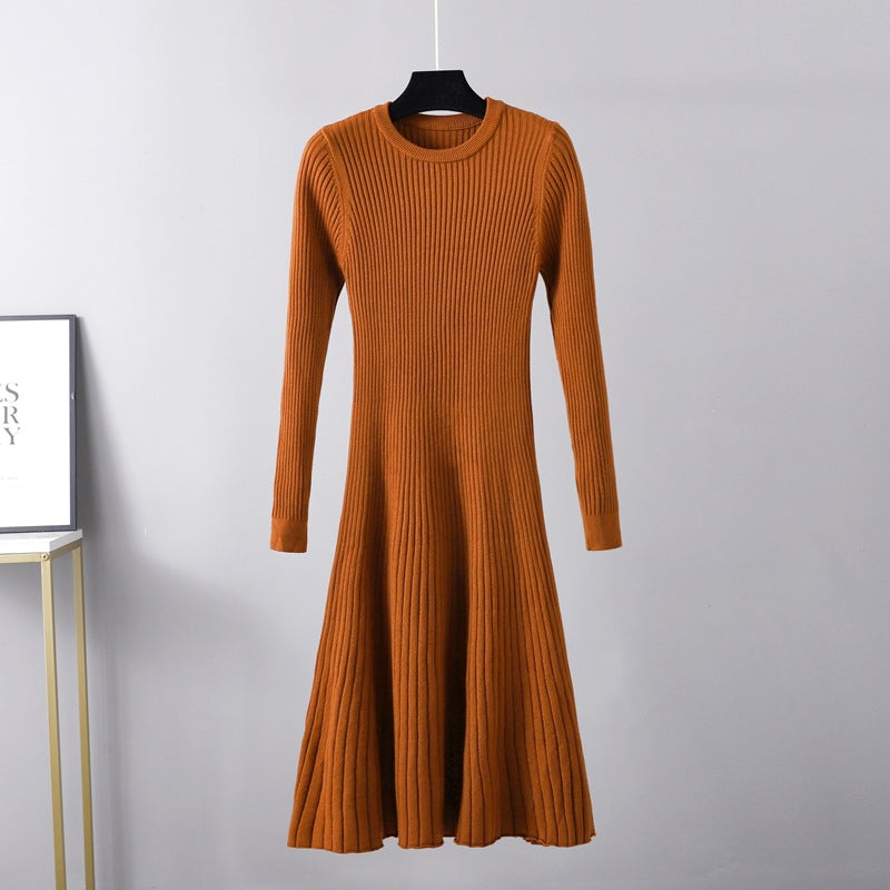 Vestido ajustado de otoño-invierno para mujer, vestido de longitud media, cuello redondo, color liso, prenda interior, suéter básico, vestido de corte A