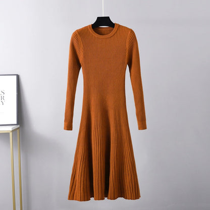 Vestido ajustado de otoño-invierno para mujer, vestido de longitud media, cuello redondo, color liso, prenda interior, suéter básico, vestido de corte A