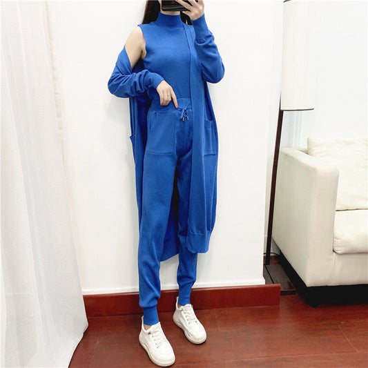 Conjuntos elegantes de moda de otoño para mujer, ropa de estilo occidental, aspecto juvenil, informal, de punto, cárdigan, chaleco, pantalones, conjunto de tres piezas