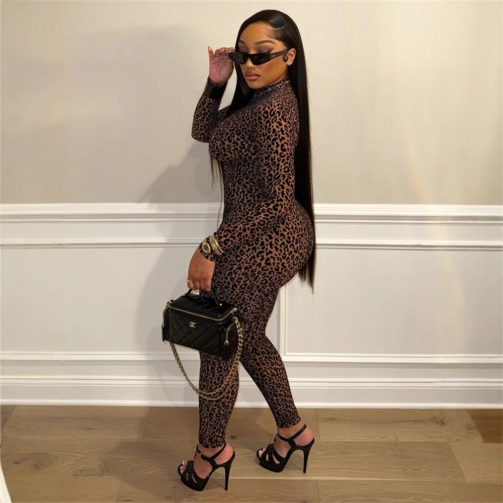 Mono de manga larga con estampado de leopardo sexy ajustado y elástico que combina con todo para mujer de otoño