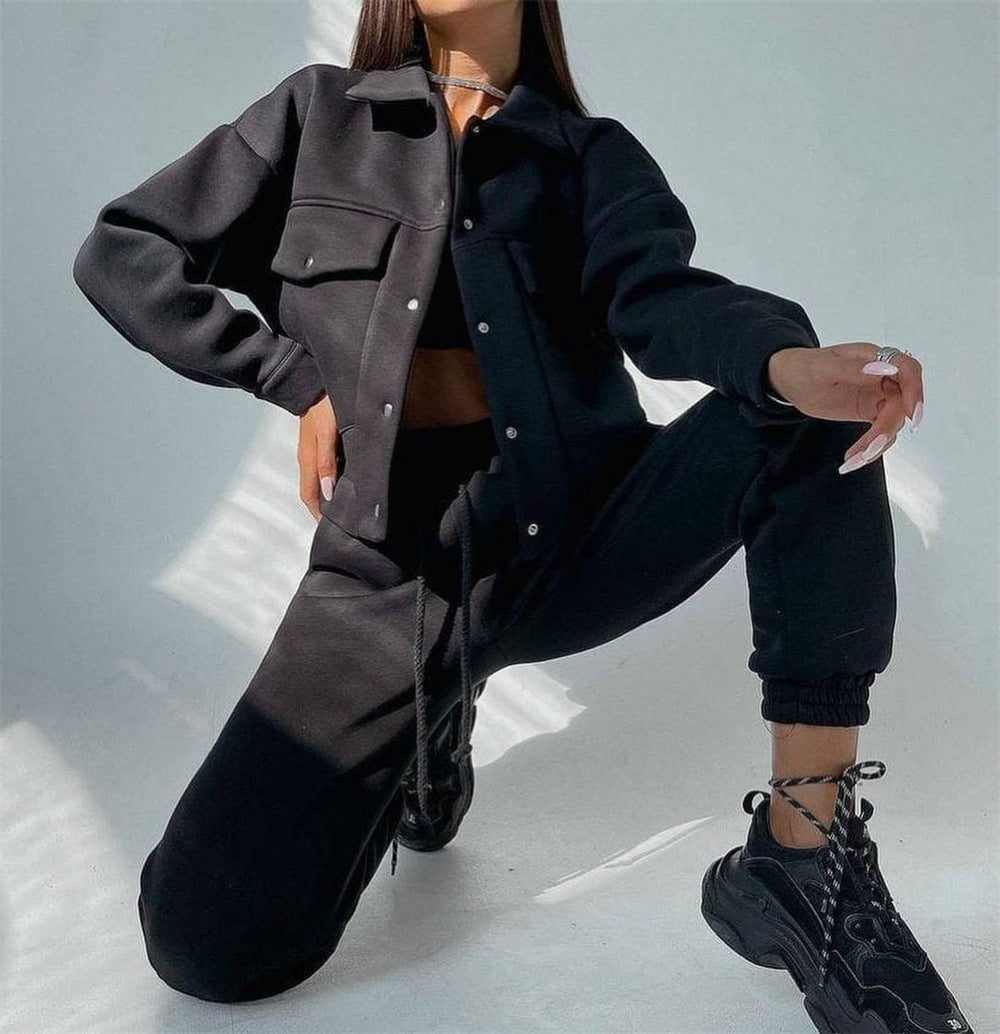 Conjunto de dos piezas formado por chaqueta y pantalón informal, para mujer, otoño e invierno, color liso, manga larga, abrigo y sudadera