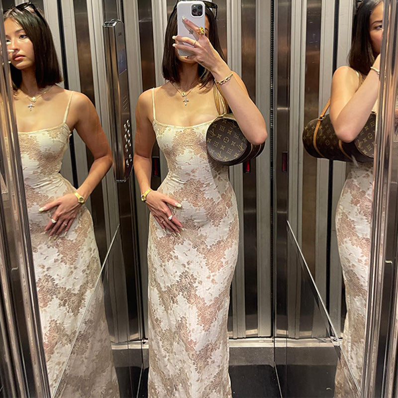Vestido lencero elegante con estampado de alta clase y tirantes sexy para mujer