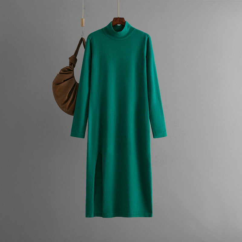 Vestido de punto de cuello alto para mujer, otoño e invierno, color liso, con abertura, manga larga, pantalones de fondo, ropa interior, vestido de lana