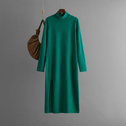 Vestido de punto de cuello alto para mujer, otoño e invierno, color liso, con abertura, manga larga, pantalones de fondo, ropa interior, vestido de lana