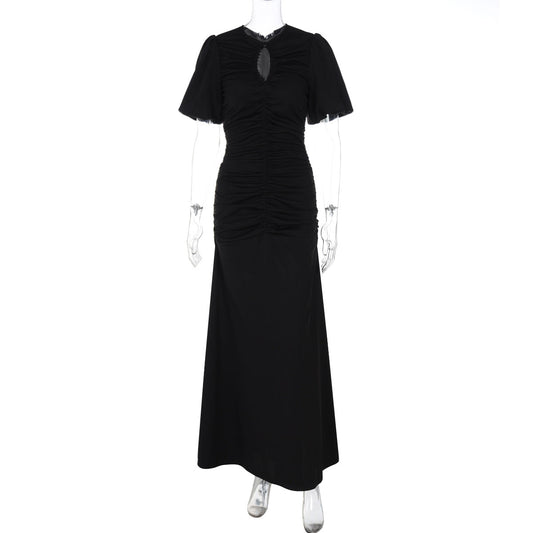 Women Clothing Summer French round Neck Short Sleeve Pleated Waist Tight Slimming Maxi Dress