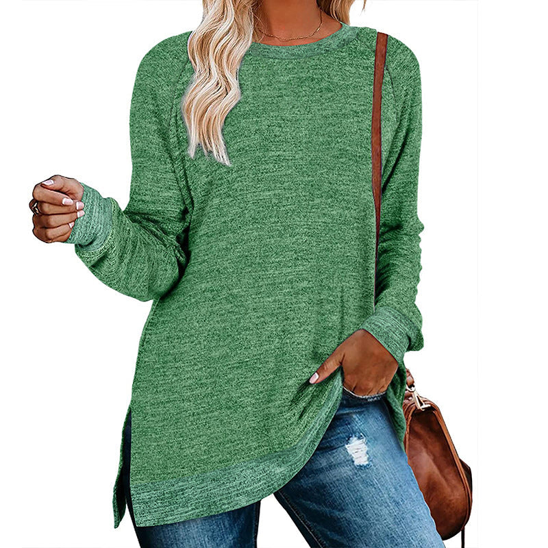 Camiseta informal holgada de manga larga con cuello redondo y abertura multicolor para mujer