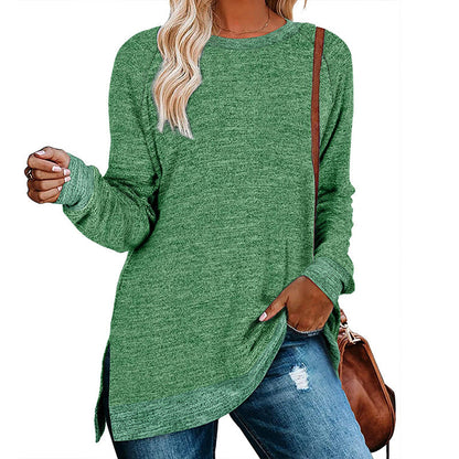 Camiseta informal holgada de manga larga con cuello redondo y abertura multicolor para mujer