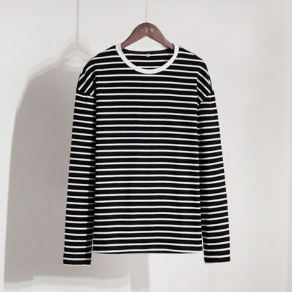 Camiseta de rayas de manga larga, de primavera, moderna, informal, salvaje, con cuello redondo, de algodón a rayas.