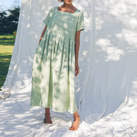Square Collar Cotton Linen Dress Short Sleeve Women Clothing Summer Nordic Niche Loose Mid Length