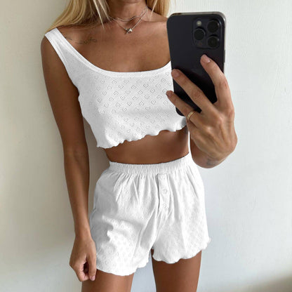 Traje informal de verano para mujer, color sólido, con diseño calado y recortes, pijama con tirantes, ropa para el hogar