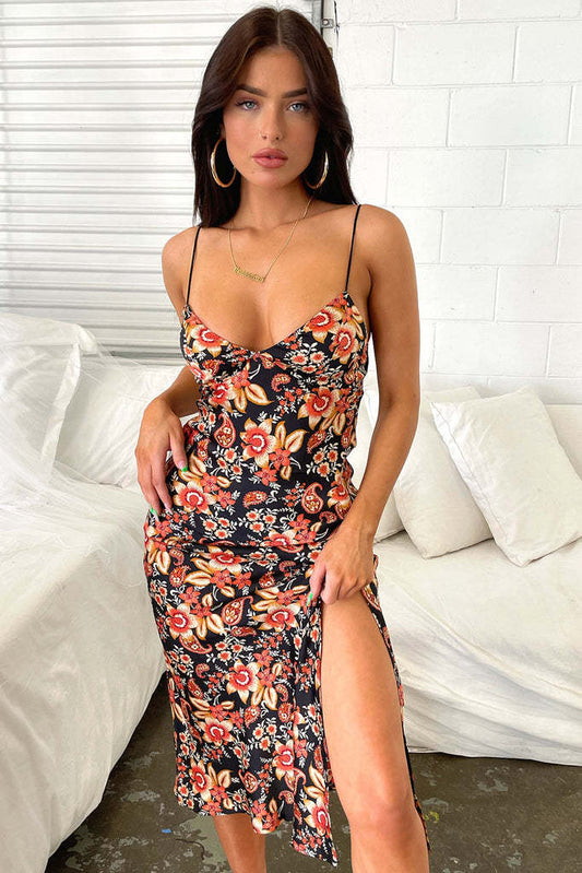 Dress Summer Floral Print Slit V neck Low Cut Sexy Sling Dress