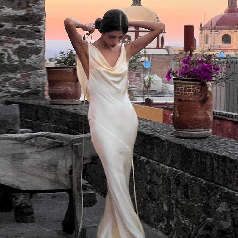 Vestido de satén sexy con hombros descubiertos para mujer, vestido ligero de lujo, elegante, con cola de pez