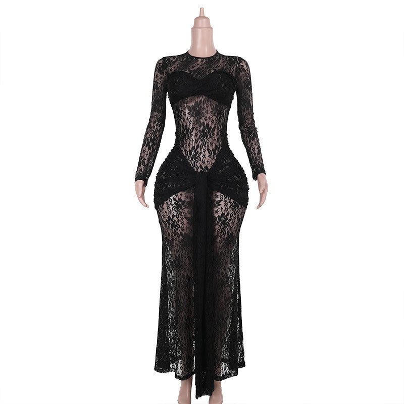 Vestido de encaje ajustado transparente sexy de cadera tipo caída para mujer