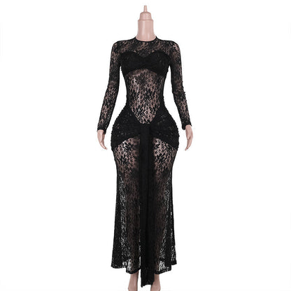 Vestido de encaje ajustado transparente sexy de cadera tipo caída para mujer