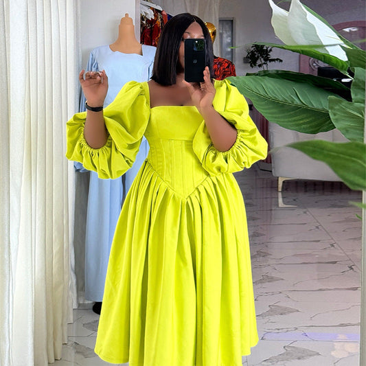 Women Clothing Autumn Sweet Fresh Square Collar Lantern Sleeve High Waist Slimming A line Dress