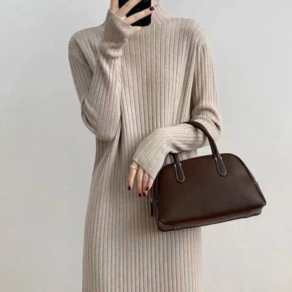 Suéter de cuello alto para otoño e invierno para mujer, largo medio por debajo de la rodilla, abrigo básico con borlas, vestido de punto con vuelo