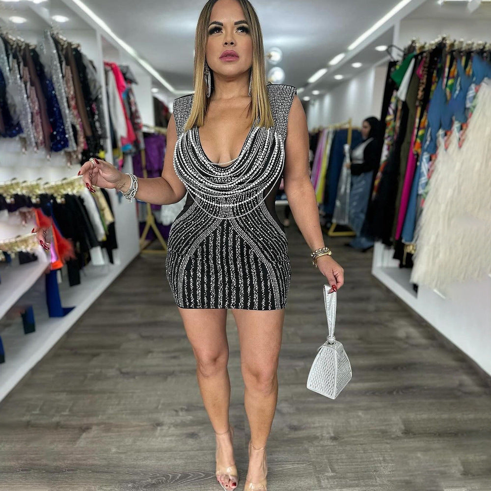Vestido de noche sexy para mujer, sin mangas, con escote en V profundo y escote en V pronunciado y aberturas con diamantes de imitación