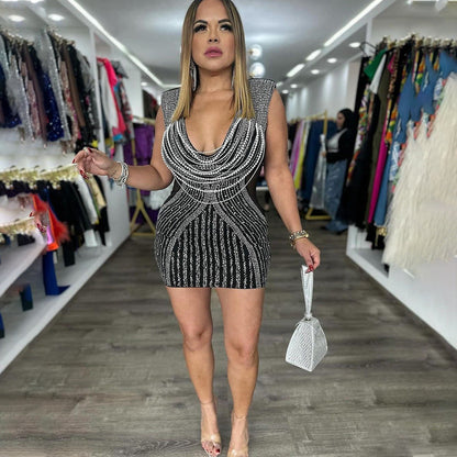 Vestido de noche sexy para mujer, sin mangas, con escote en V profundo y escote en V pronunciado y aberturas con diamantes de imitación