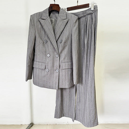 Spring Advanced Gray Heavy Embroidery Drilling Double Breasted Work Pant Two Piece Set