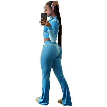 Conjunto deportivo informal de dos piezas para mujer, de terciopelo coreano, color liso, manga larga, sexy y corto
