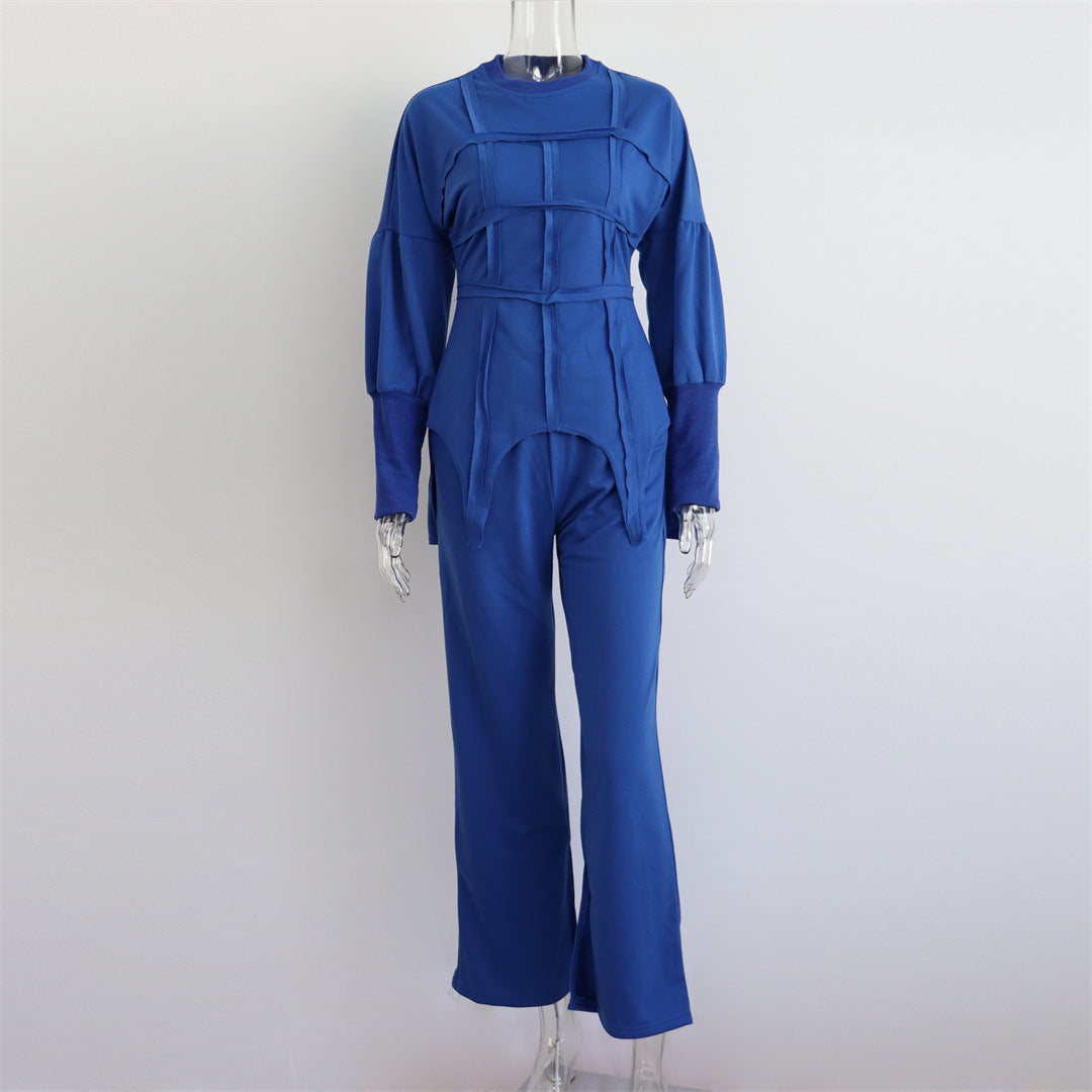 Conjuntos de sudadera con capucha de color sólido, jersey de cuello redondo, pantalones rectos divididos, conjuntos casuales de dos piezas