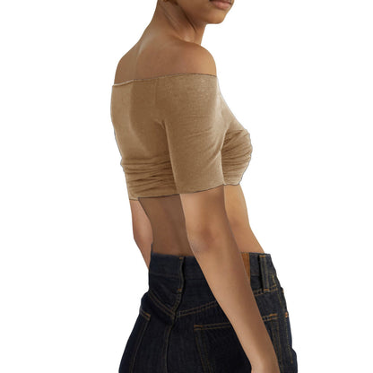 Camiseta de manga corta transparente con cuello de hombro descubierto para mujer de primavera y verano