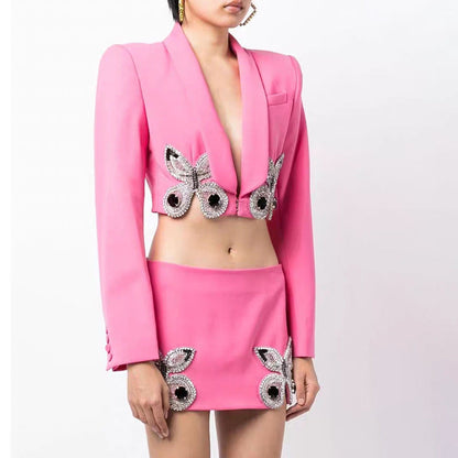 Traje de dos piezas con falda de cintura alta y blazer decorativo con mariposas de industria pesada de lujo ligero de interés especial de otoño