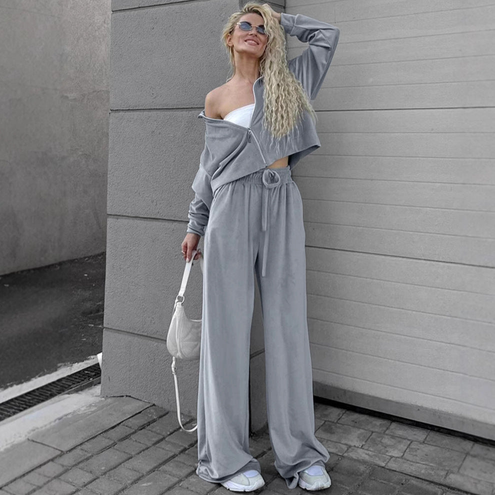 Collared Long Sleeved Trousers Loose Sweater Autumn Winter Two Piece Set