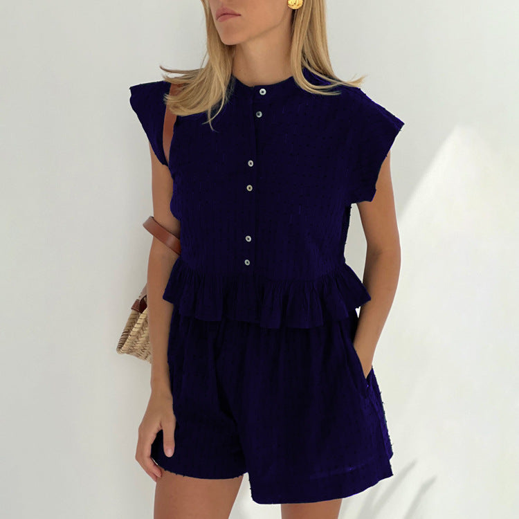 ¡¾MOQ-5 packs¡¿ Summer Jacquard Short Sleeve Sense of Design Shirt Casual Office Shorts Set for Women