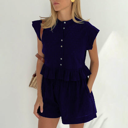 ¡¾MOQ-5 packs¡¿ Summer Jacquard Short Sleeve Sense of Design Shirt Casual Office Shorts Set for Women
