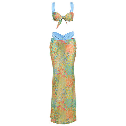 Conjunto de tres piezas con falda de cintura alta y top atado con contraste de color y estampado sexy de primavera