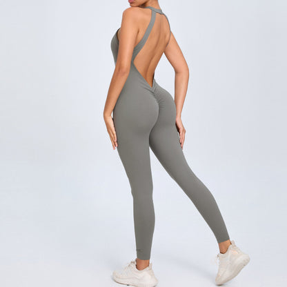 Mono de yoga con hebilla en la espalda para mujer, color melocotón, sin espalda, deportivo, de secado rápido, de una pieza, para fitness