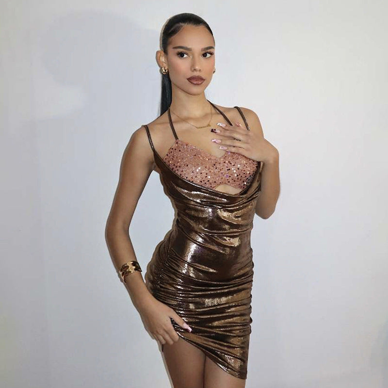 Vestido de dos piezas con cuello halter y cordones, estilo sexy, con costuras falsas, para otoño e invierno, para mujer