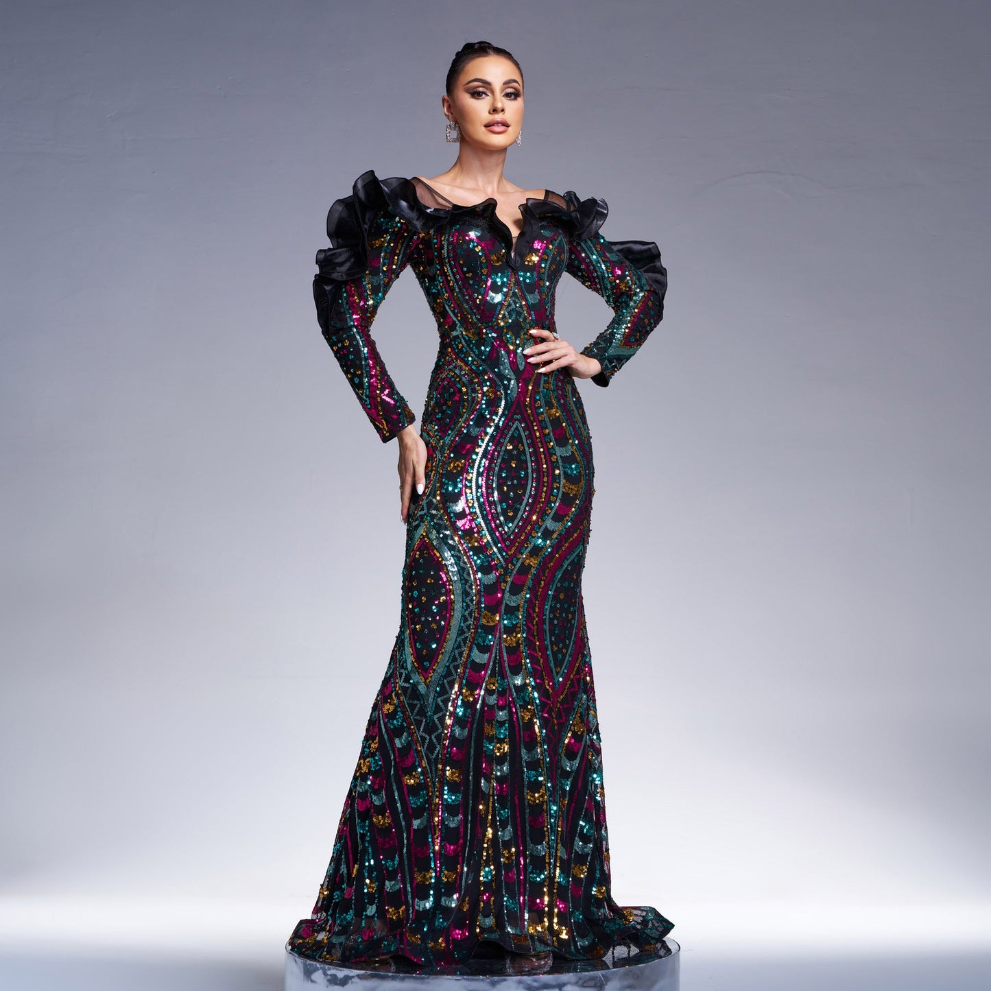 Vestido de noche de cola de pez con escote en V y manga larga, con aberturas y lentejuelas, para cóctel o dama de honor