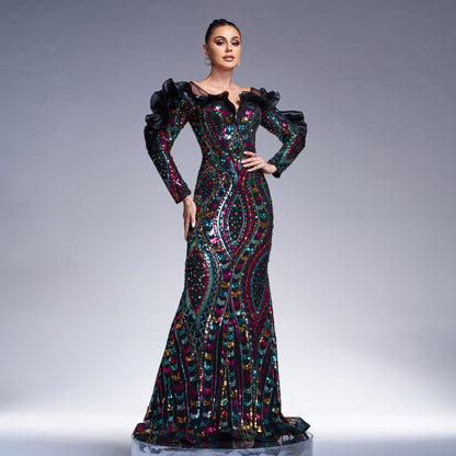 Vestido de noche de cola de pez con escote en V y manga larga, con aberturas y lentejuelas, para cóctel o dama de honor