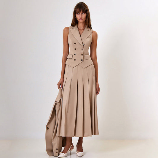 Conjunto de dos piezas de vestido plisado con chaleco sin mangas y falda larga elegante de otoño