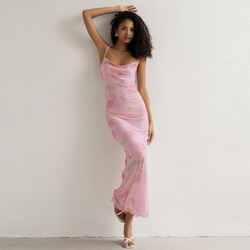 Vestido largo de verano con estampado floral, de malla, sexy, dulce y picante, con escote pronunciado
