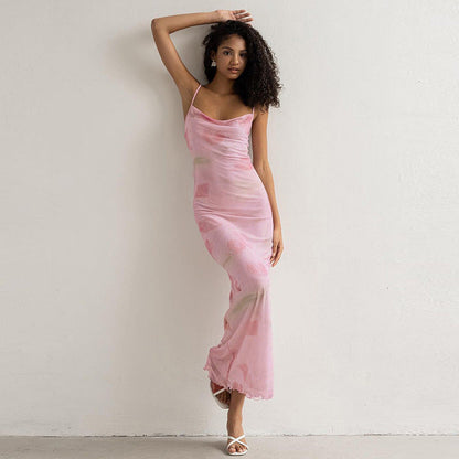 Vestido largo de verano con estampado floral, de malla, sexy, dulce y picante, con escote pronunciado