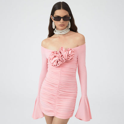 Vestido floral rosa con mangas acampanadas y top plisado, diseño de vestido de tubo, ropa para mujer