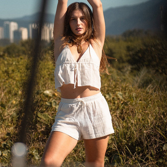 Conjunto de dos piezas de pantalones cortos informales para mujer, de algodón y lino con textura, con cordones, color liso y holgado para vacaciones