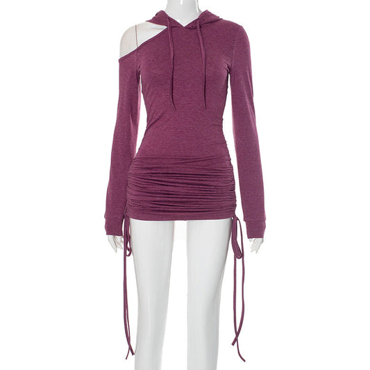 Vestido ajustado con hombros descubiertos y cordón en color liso de otoño para mujer